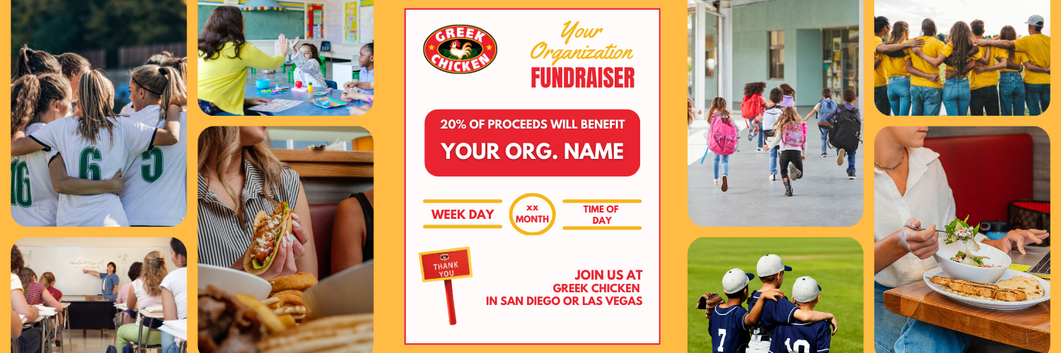 Greek Chicken fundraising flyer example and community members